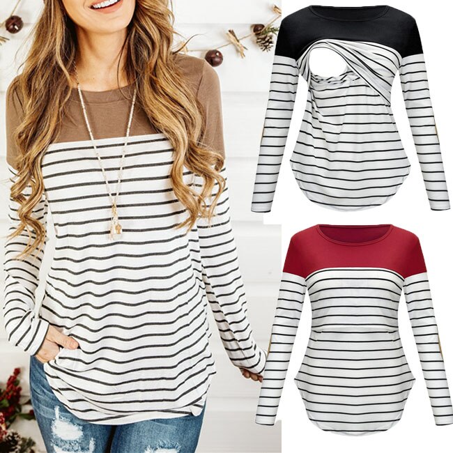 Casual Womens Pregnant Maternity Clothes Nursing Tops Breastfeeding T-Shirt Pregnancy Maternity Breastfeeding Striped